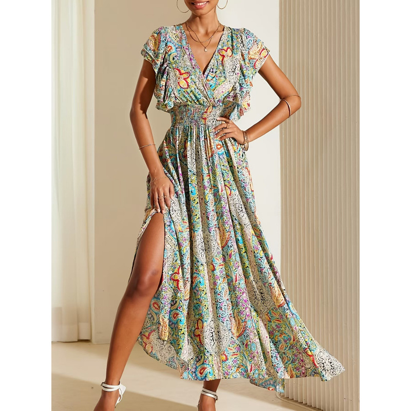 V-Neck Open-Back Ruffle-Sleeve Slit Boho Vacation Dress