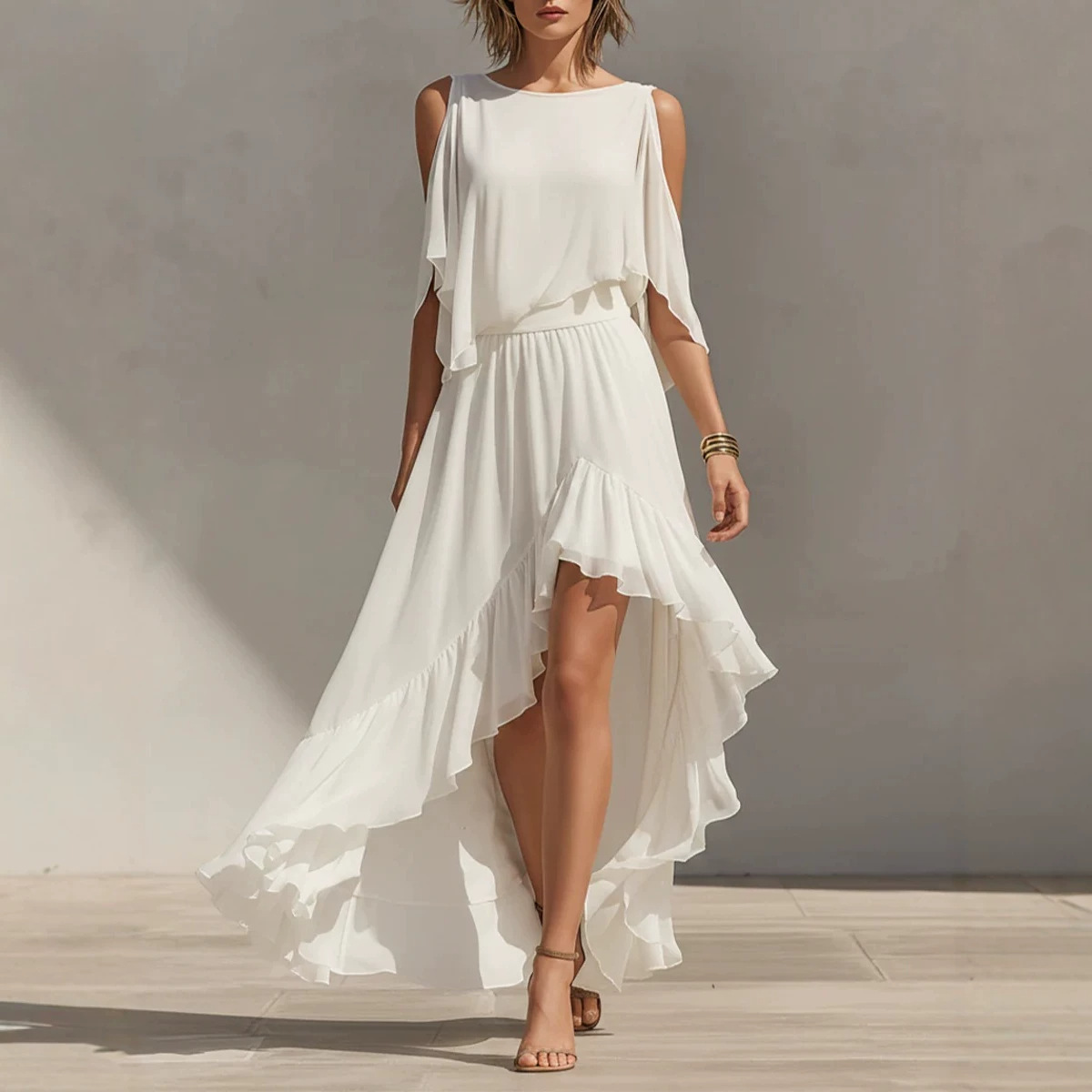Flowy Ruffle High-Low Maxi Dress with Round Neck