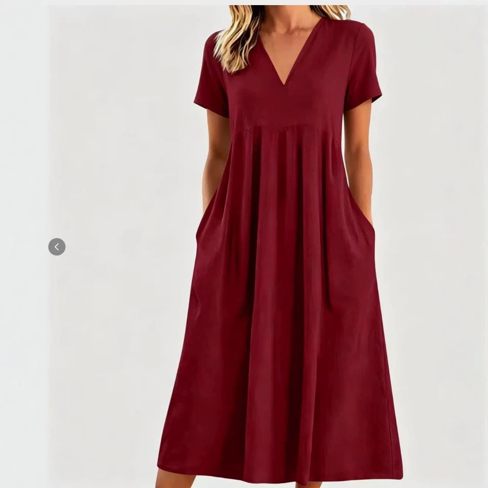 Solid V-Neck Short Sleeve Loose Casual Dress