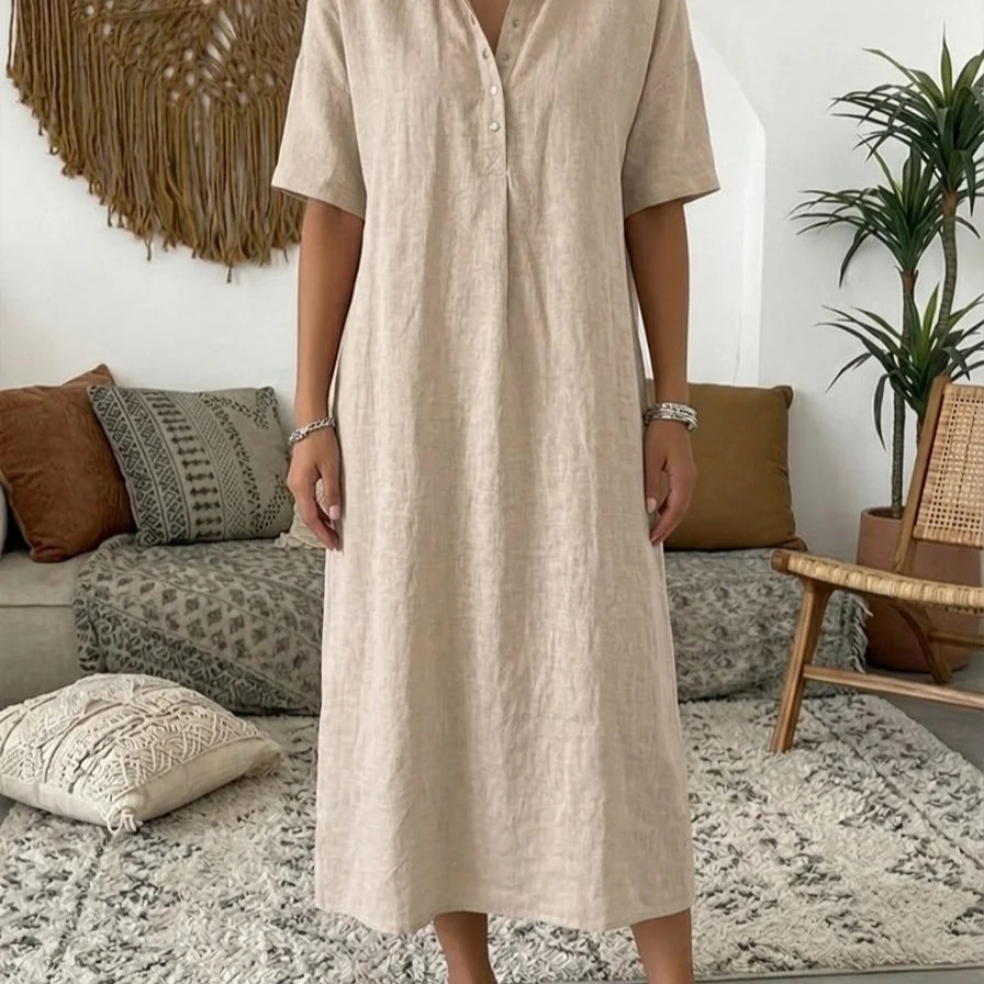 Women's Casual Straight-Fit Linen Short-Sleeve Polo Dress
