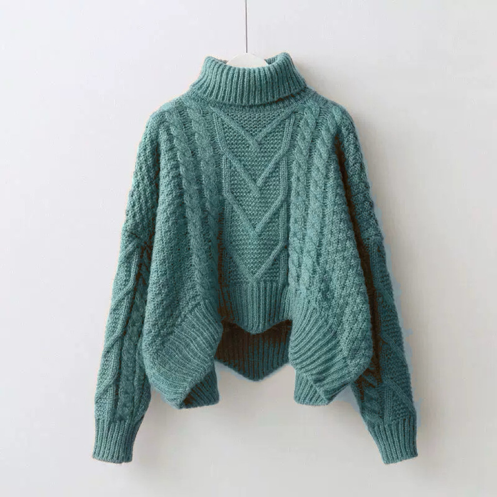 Women's Retro Cable Knit Turtleneck Sweater Loose High Waist Chunky Pullover
