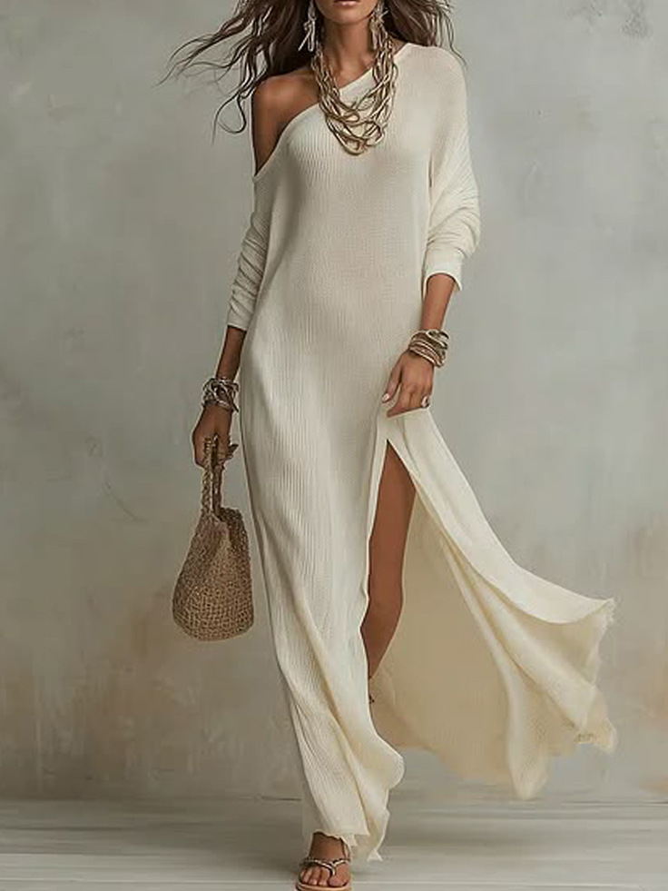 Elegant Long Sleeve Knit Pleated Slit Dress