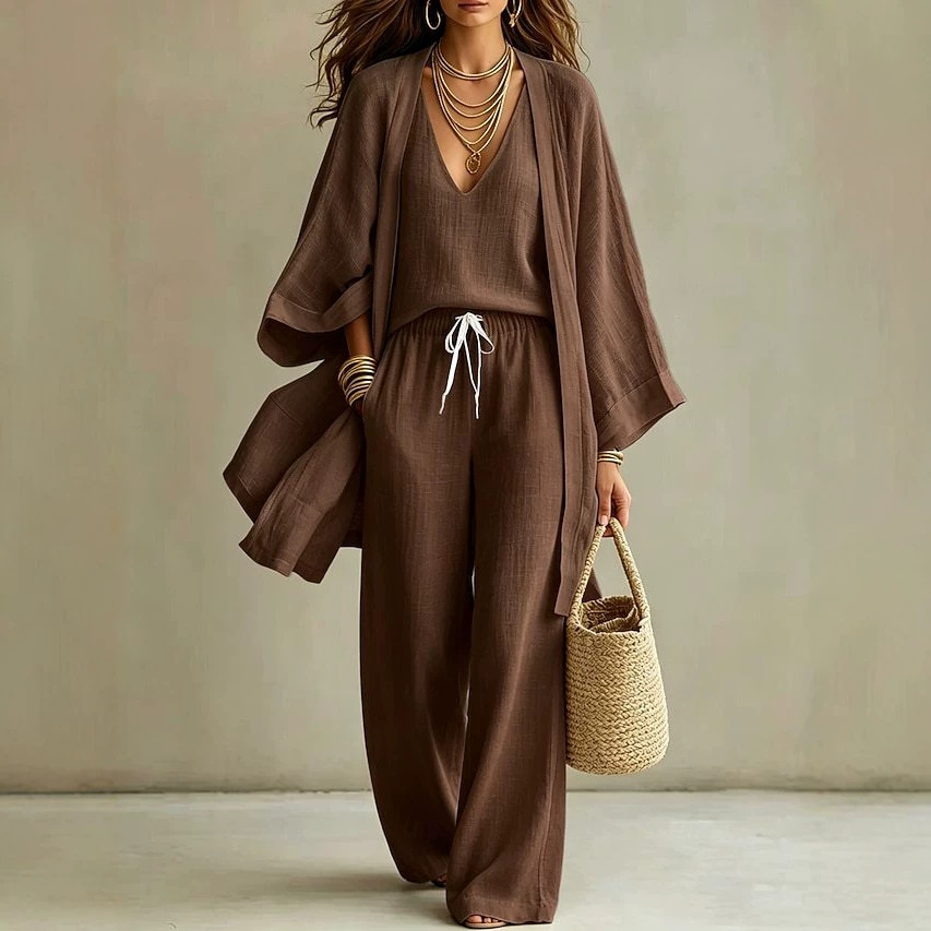 Women's Summer Solid Color Cotton-Linen 3-Piece Set: Open-Front Cardigan, Sleeveless Tank, Wide-Leg Pants