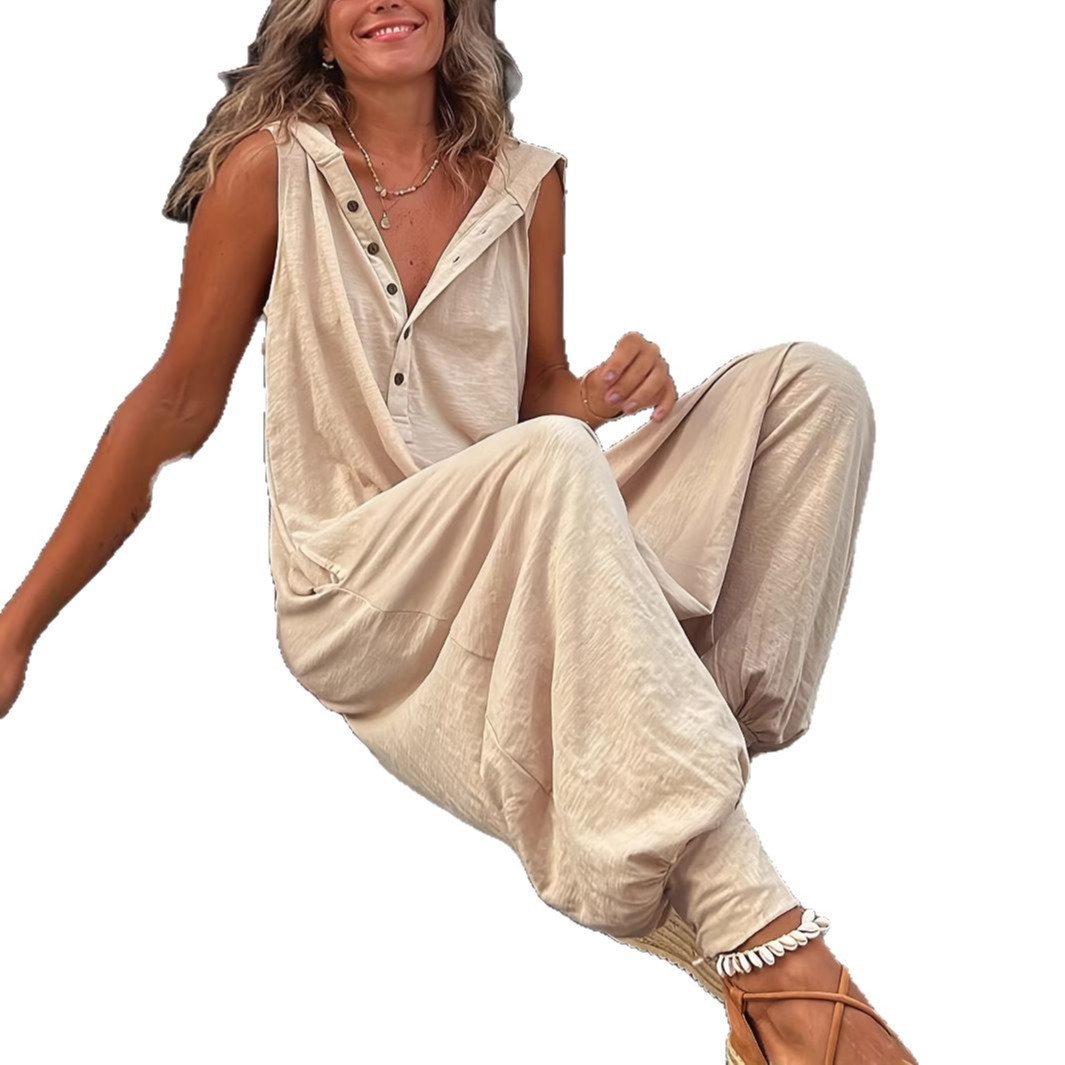 Button Hooded Sleeveless Wide-Leg Jumpsuit