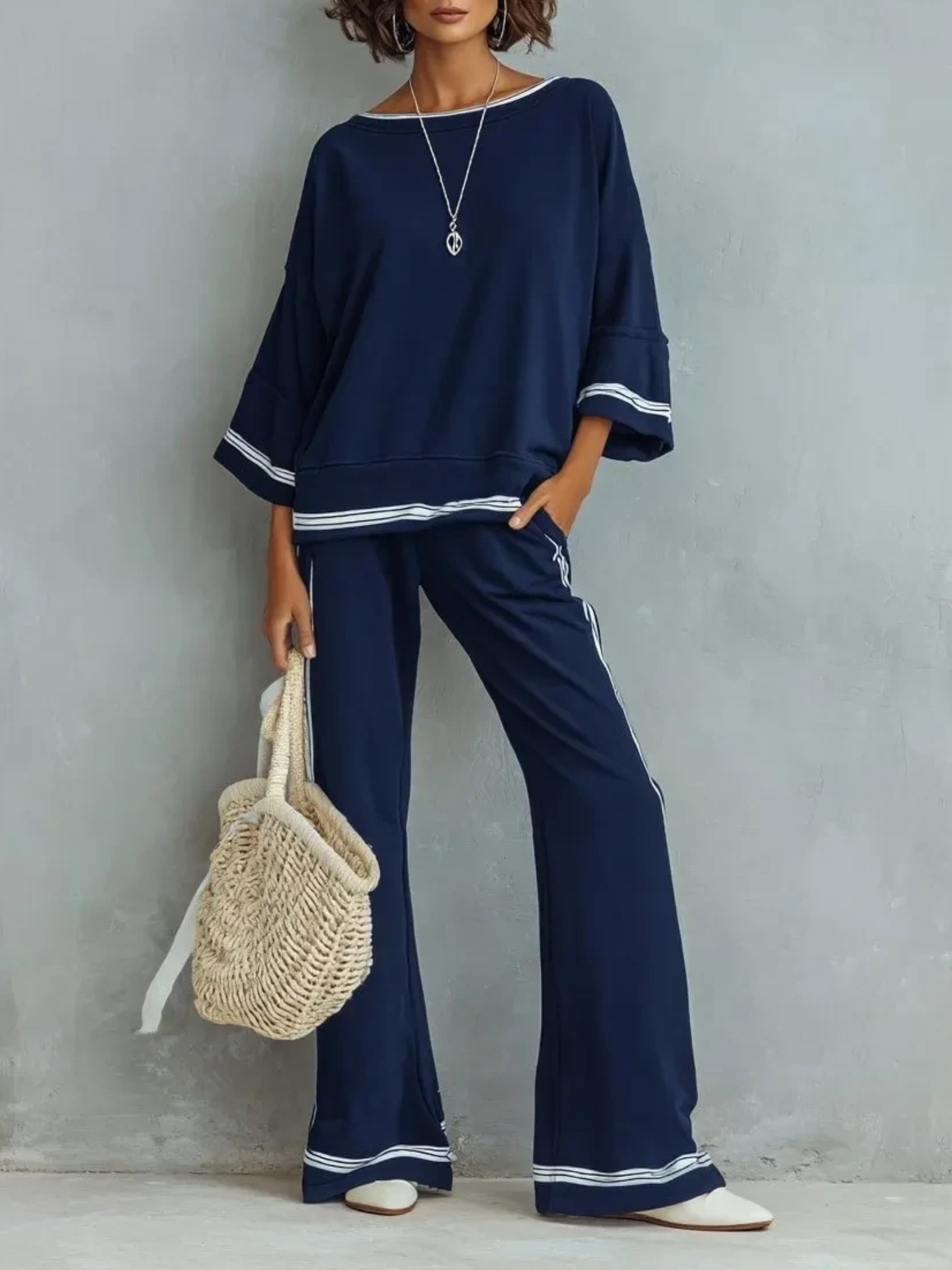 Women's Color-Block Striped Two-Piece Set with Three-Quarter Sleeve Top and Wide-Leg Pants