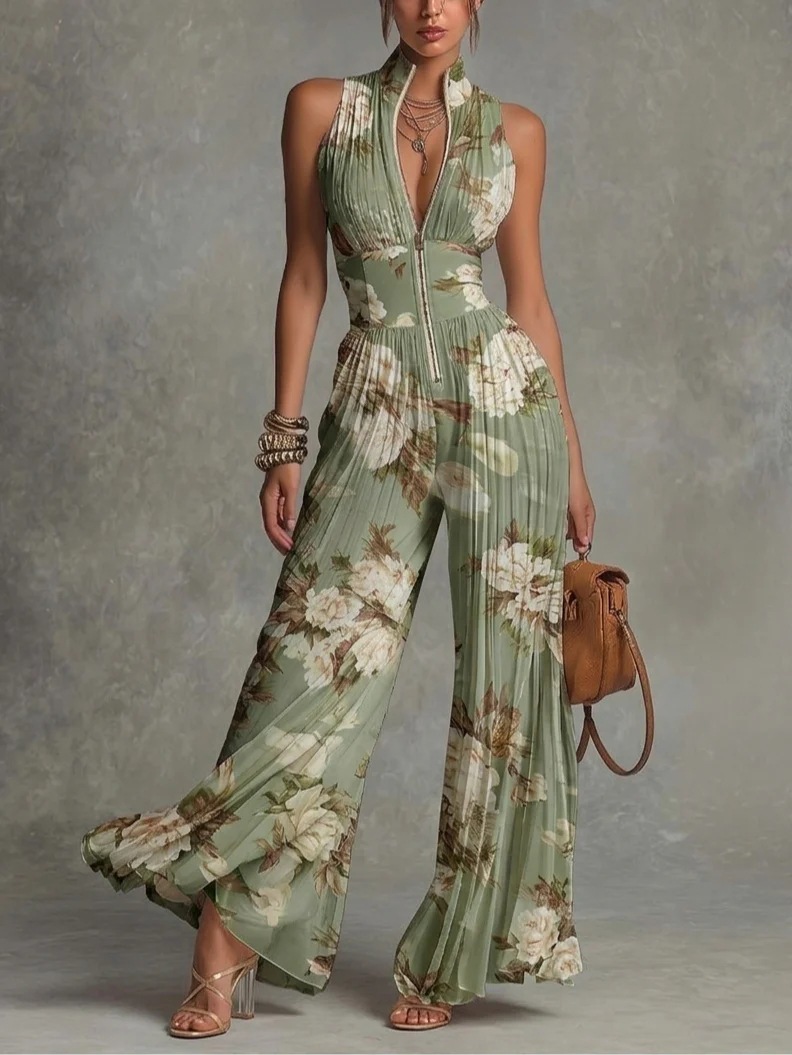 White Pleated Halter Wide-Leg Jumpsuit for Women