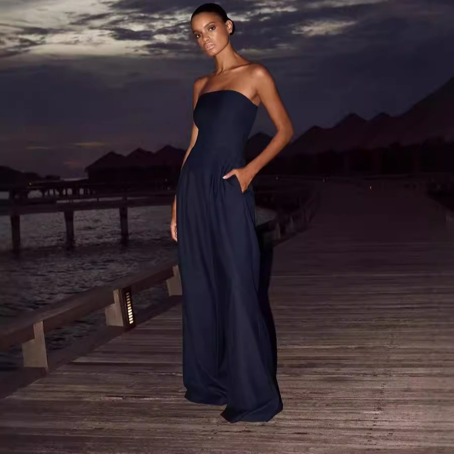 Women's Sleeveless Open-Back Ruched Slim-Fit Jumpsuit