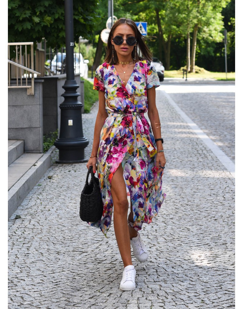 V-Neck Floral Tie-Waist Midi Dress with Flutter Sleeves