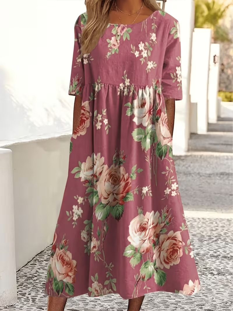 Women's Floral Print Ruched Midi Dress Casual Vacation Pullover