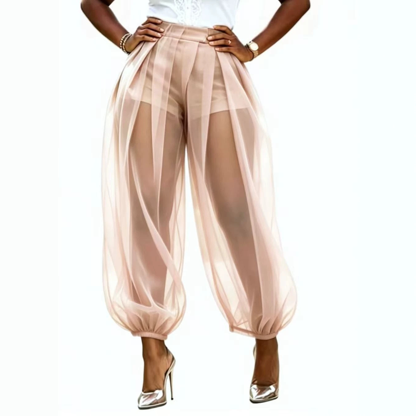 Sheer Mesh Solid Color Loose Lantern Pants