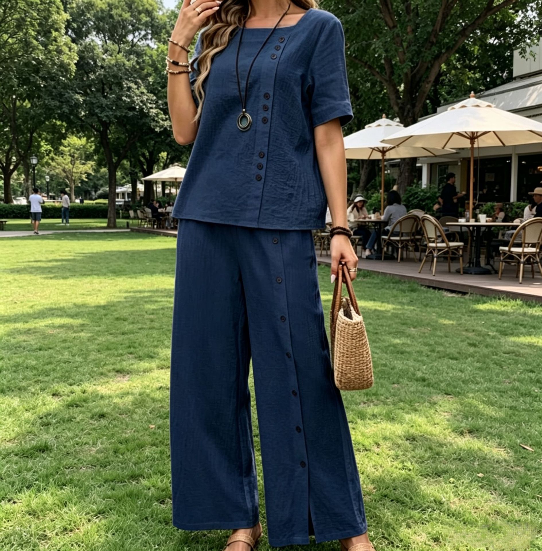 Cotton-Linen Two-Piece Set Short-Sleeve Button Top & Wide-Leg Pants