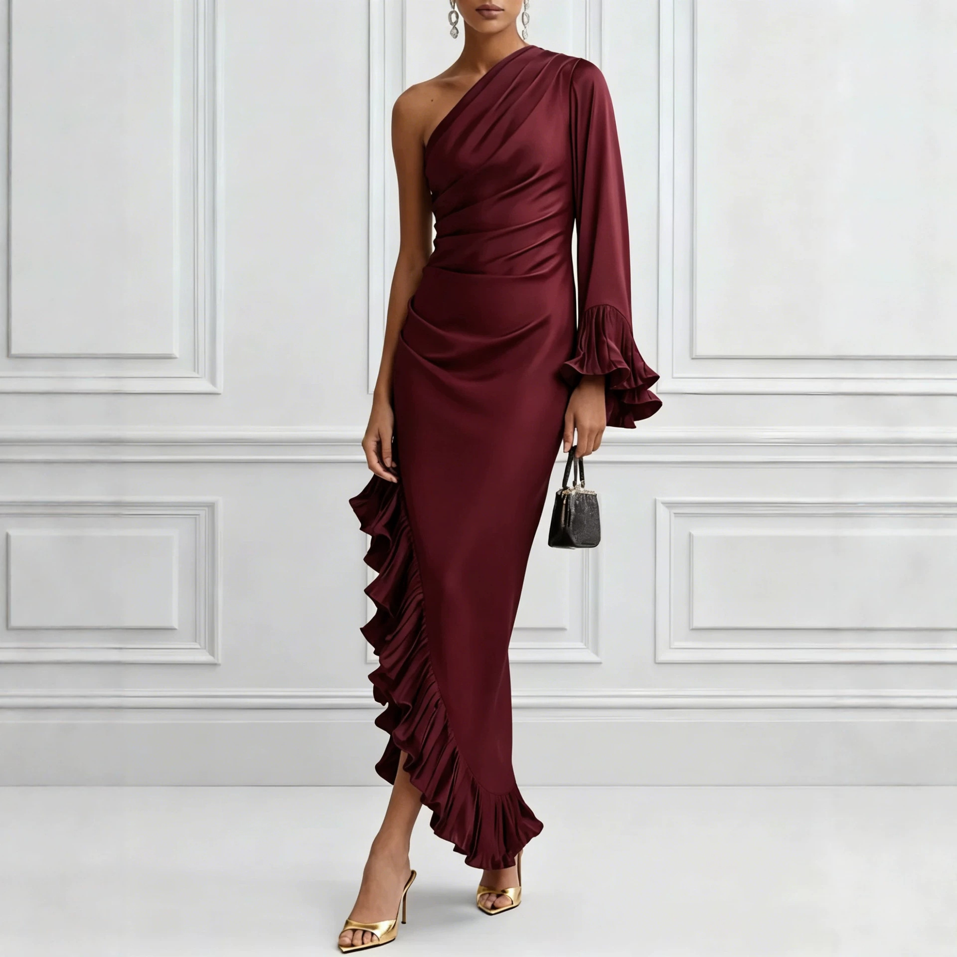 Solid Satin Off-Shoulder Ruched Asymmetrical Dress