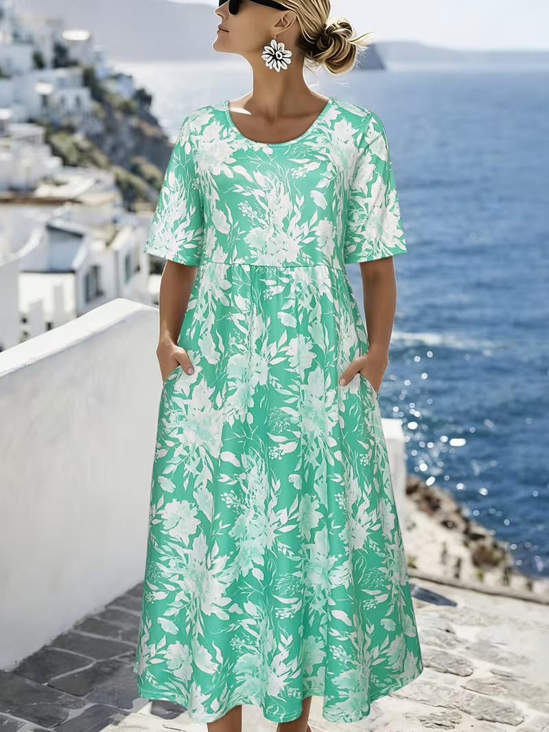 Women's Floral Print Ruched Midi Dress Crew Neck Half Sleeve