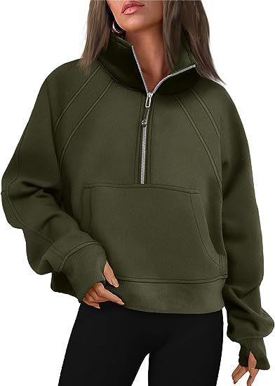 Women's Half-Zip Cropped Stand Collar Fleece-Lined Solid Hoodie