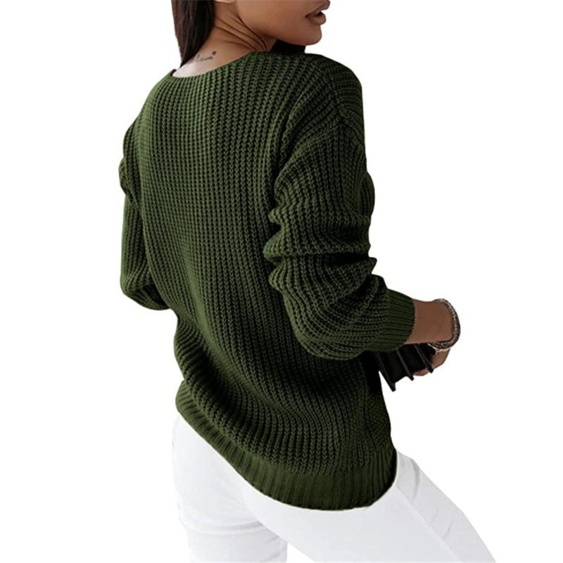 Women's V-Neck Cable Knit Pullover Sweater Long Sleeve Solid Color