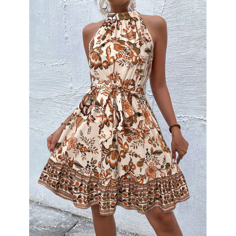 Floral Halter Neck Waist-Cinching Midi Dress