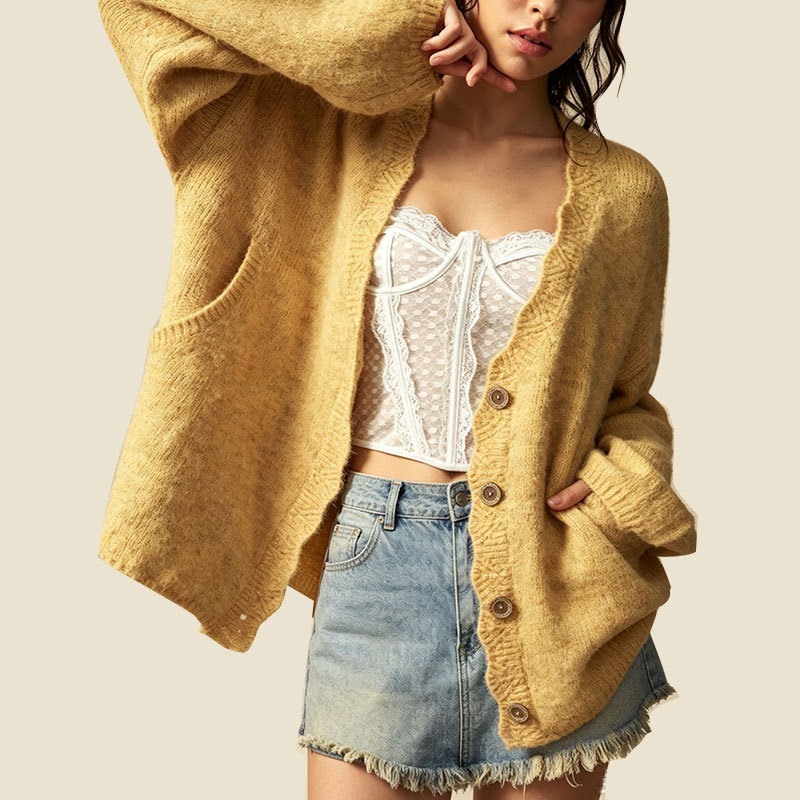 Women's Loose Knit Button-Front Cardigan with Pockets Long Sleeve Crew Neck
