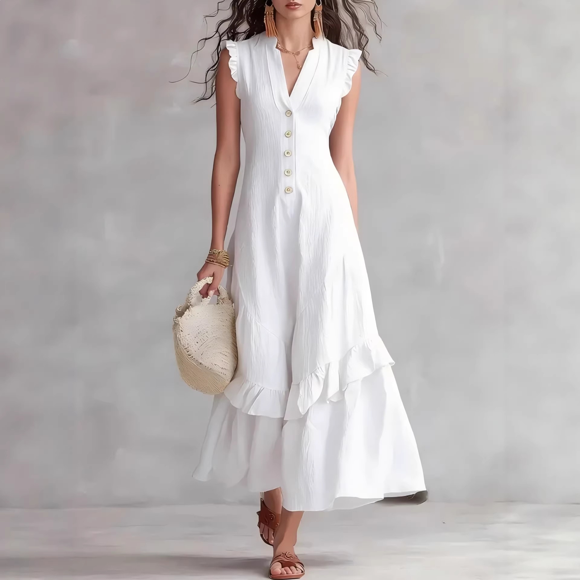 Minimalist Cotton-Linen Sleeveless Dress with V-Neck and Pleated Detail