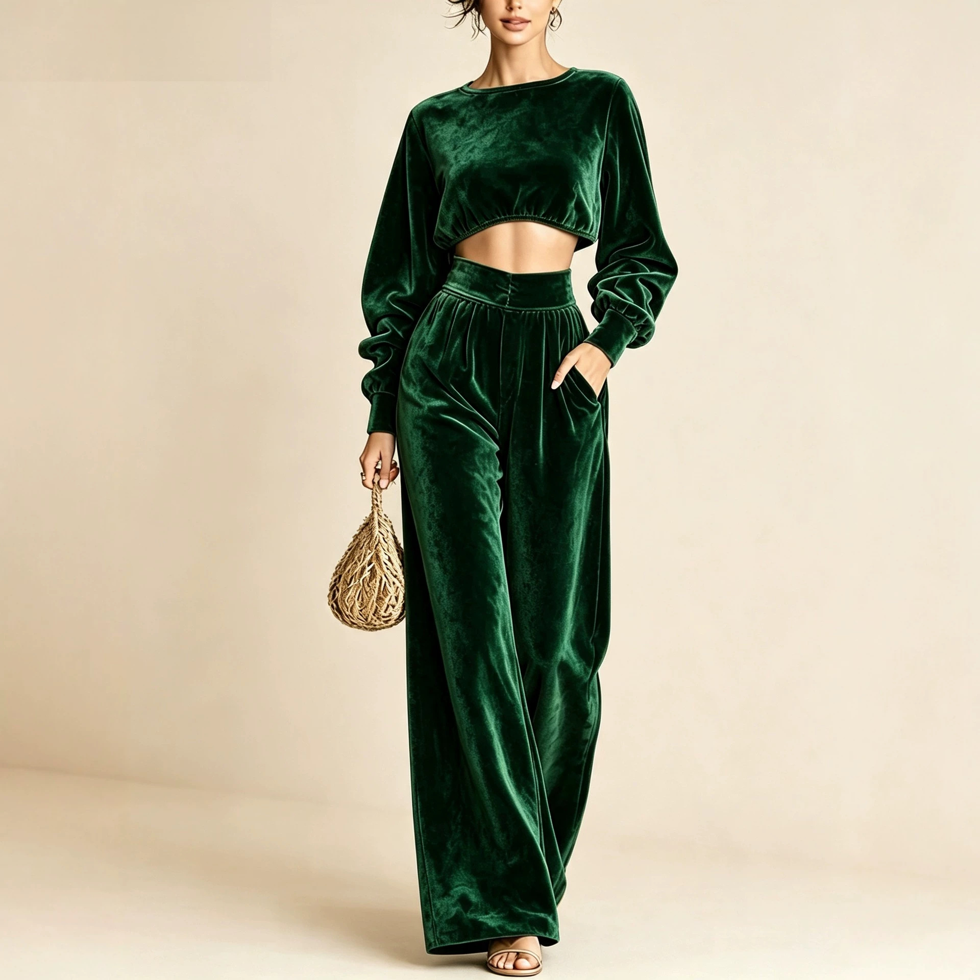 Elegant Christmas Two-Piece Set with Cropped Top and Wide-Leg Pants