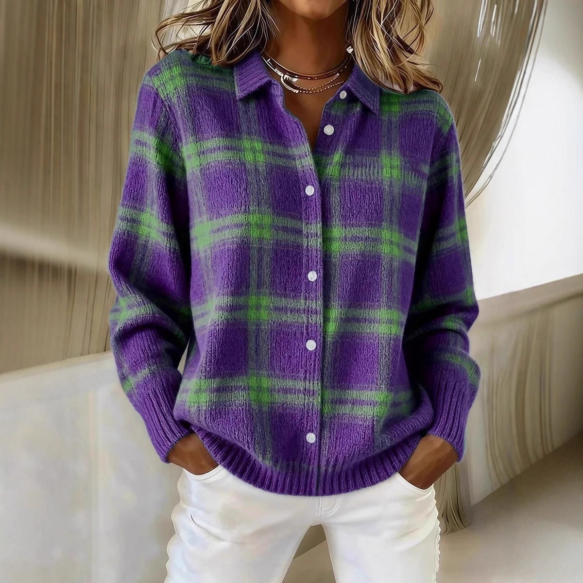 Women's Plaid Long Sleeve Collared Cardigan Sweater