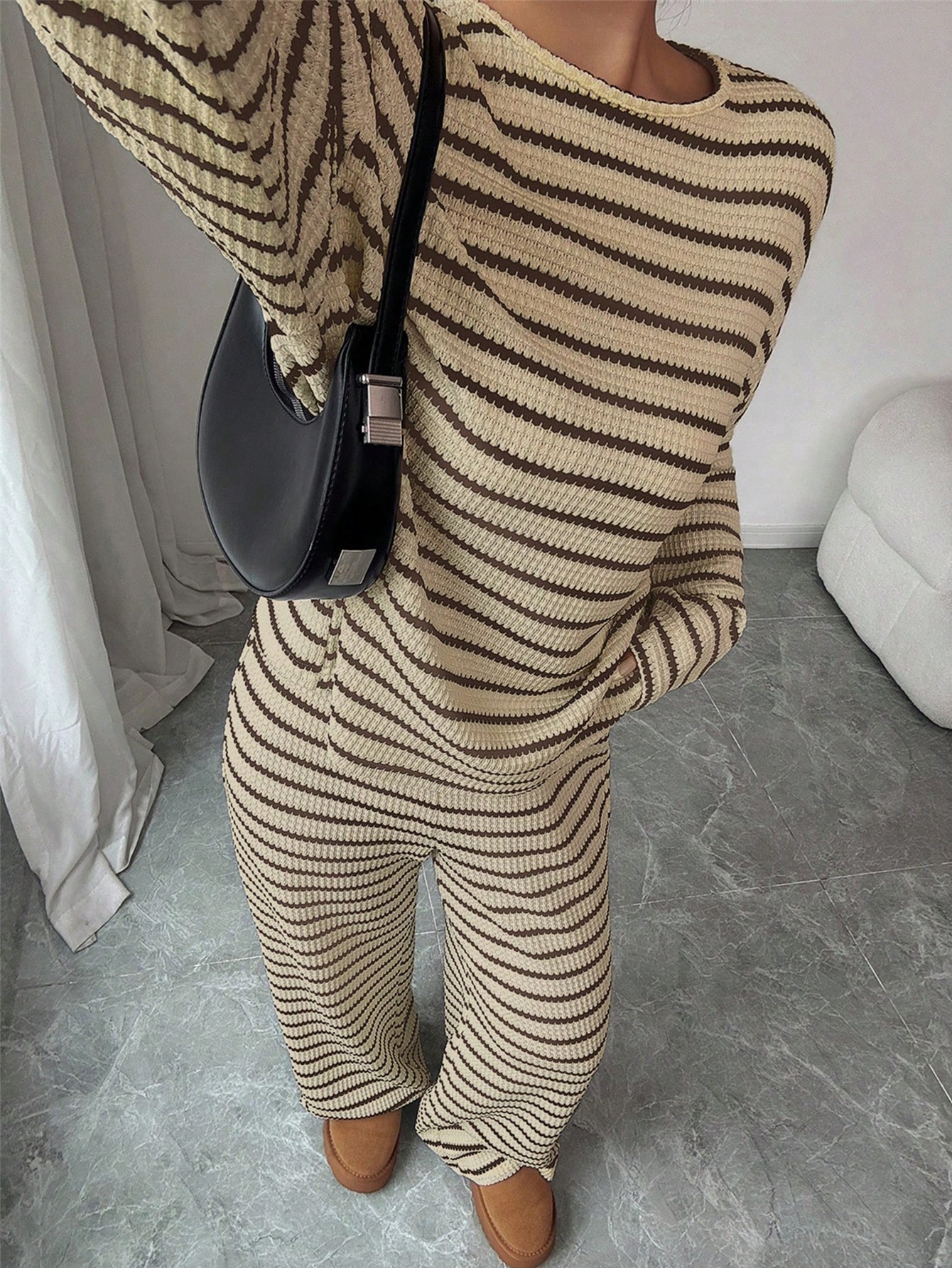 Women's Striped Lounge Set Long Sleeve Crewneck Tee and Pants