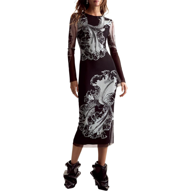 Retro Print Long Sleeve Midi Dress
