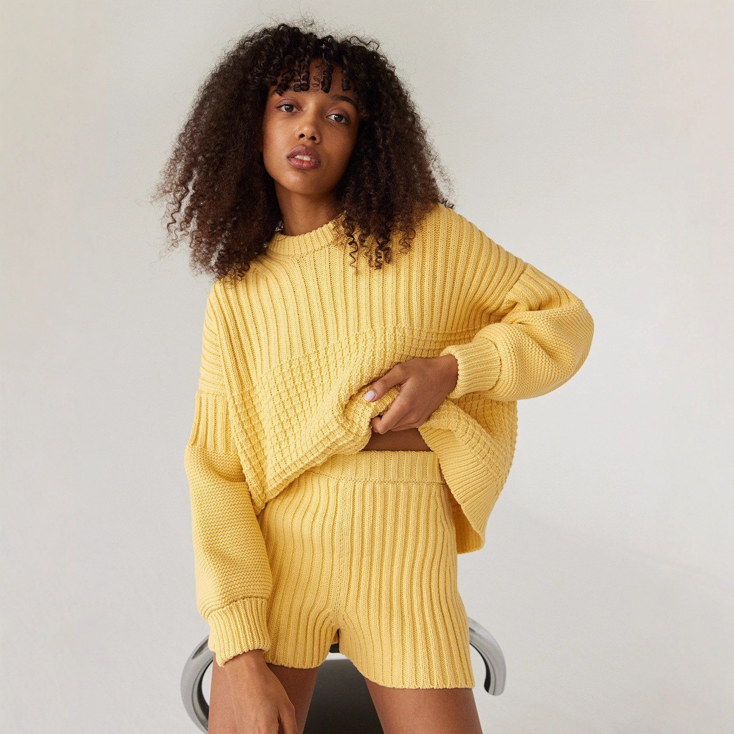 Women's Knit Crewneck Long Sleeve Loose Casual Shorts Two-Piece Set