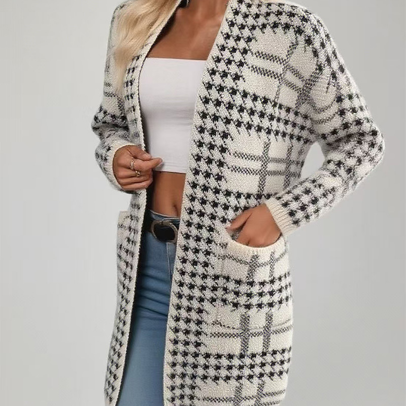 Houndstooth Long Knit Cardigan
