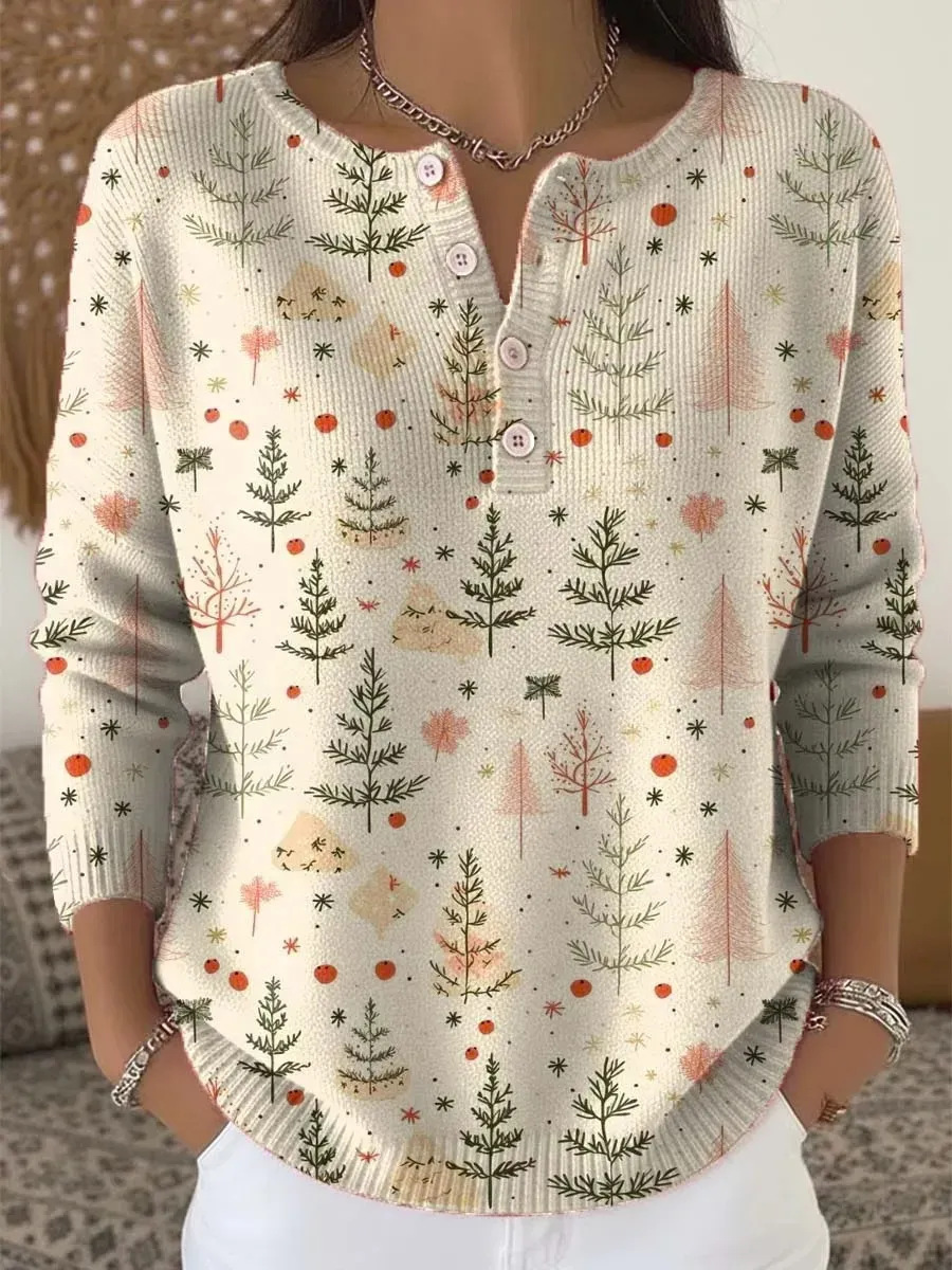 Women's Tree Flower Branch Petal Print Button Sweatshirt