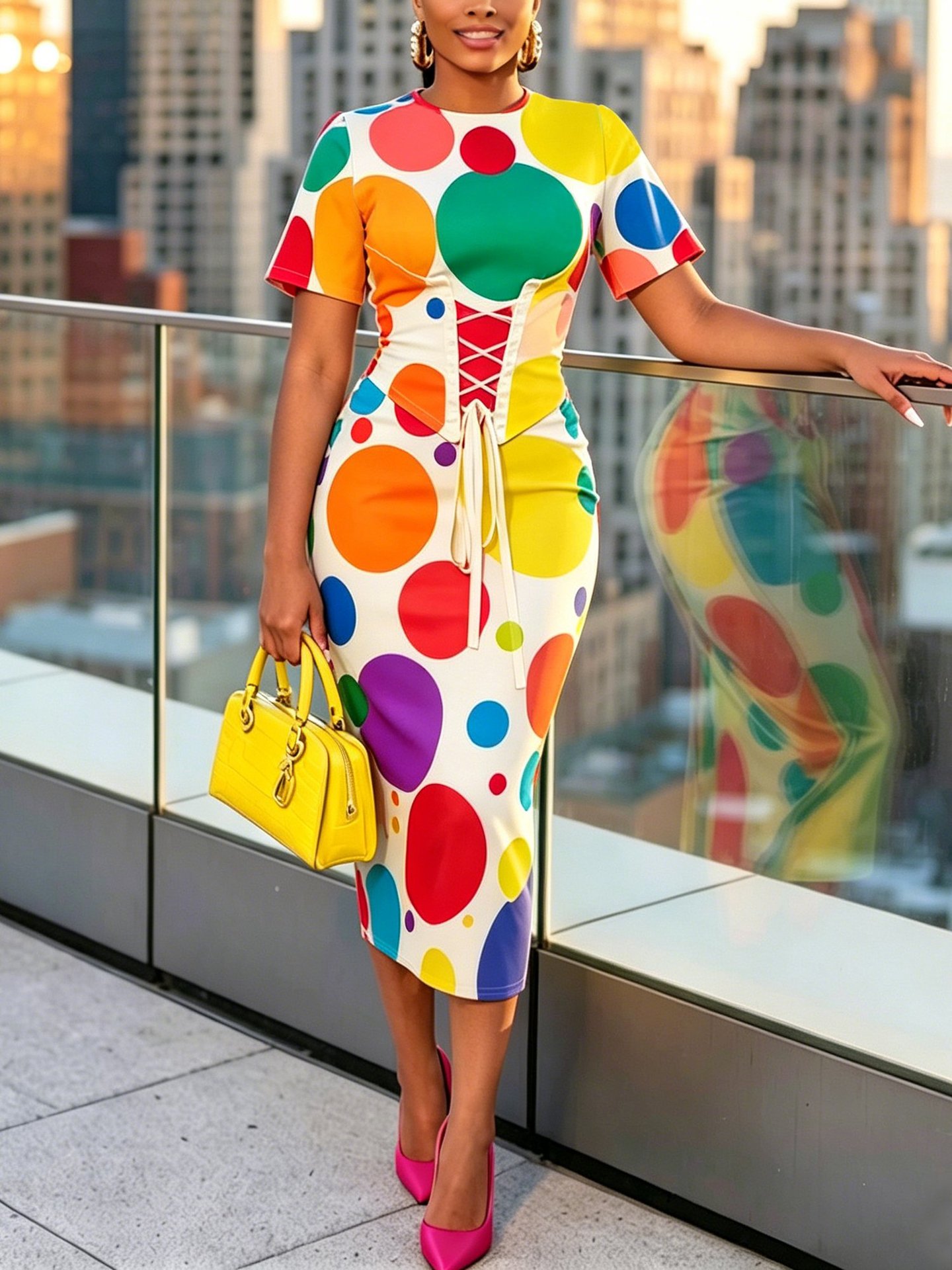 Elegant Polka Dot Print Round Neck Waist-Defined Midi Dress