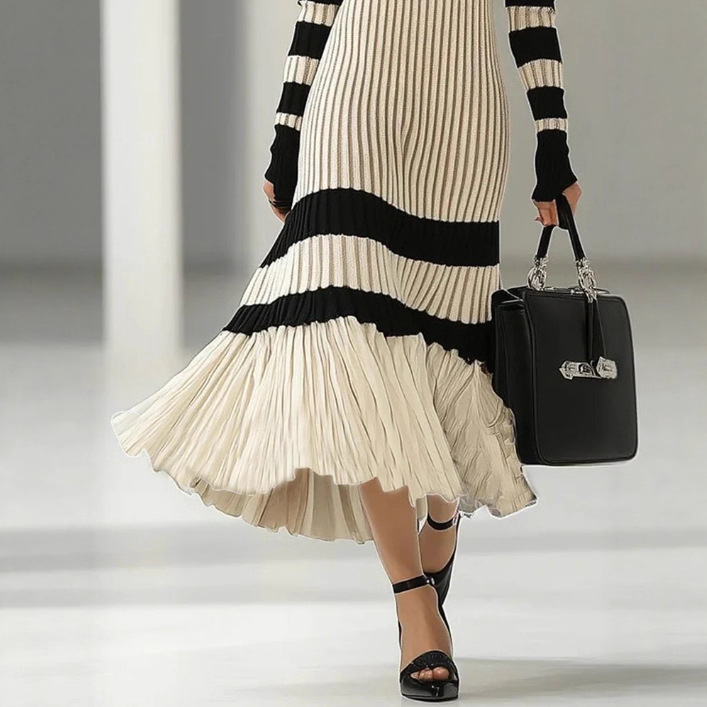 Black and White Striped Knit Turtleneck Midi Dress