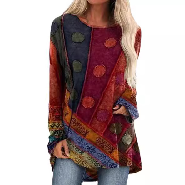 Women's Round Neck Long Sleeve Vintage Print Dress