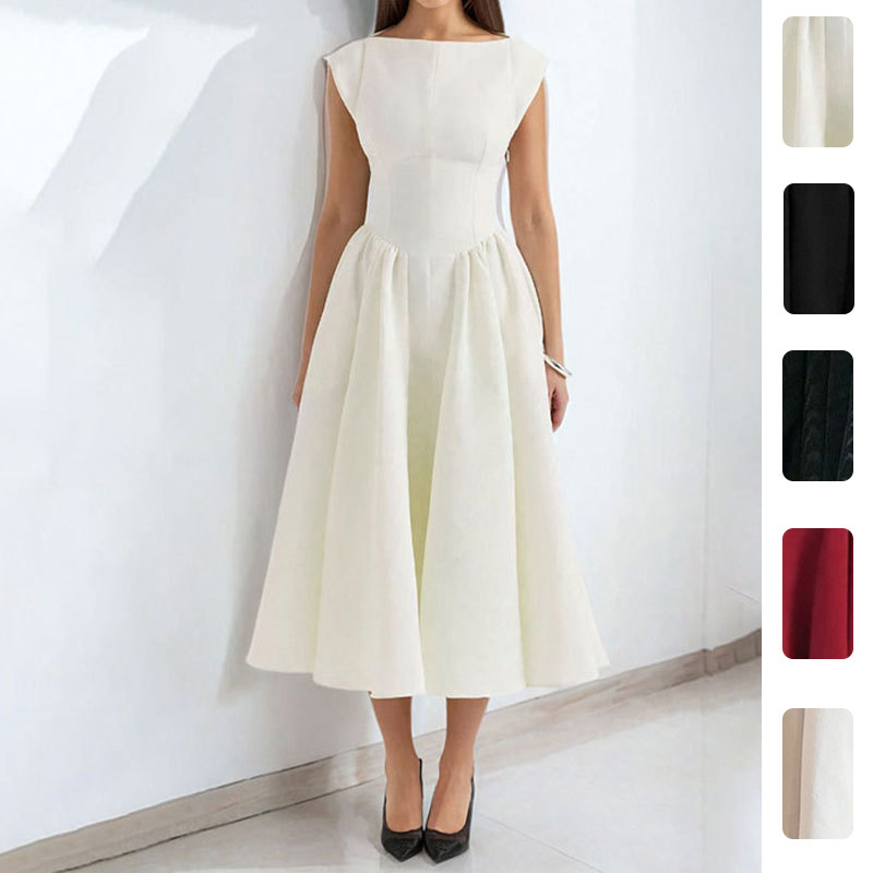 French Style Midi Dress for Women Summer Sleeveless High Waist