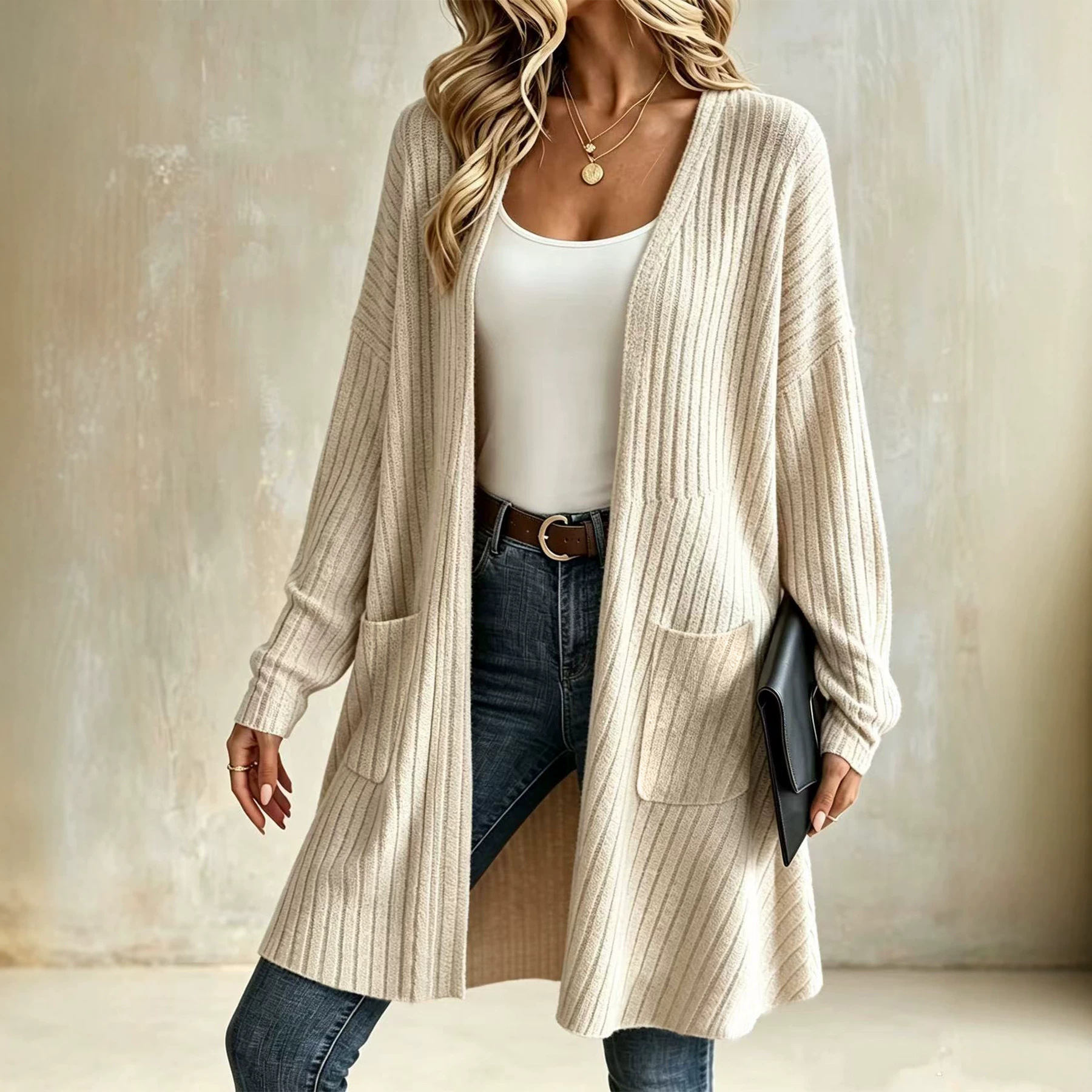 Ribbed Knit Cardigan Solid Color Casual Outerwear