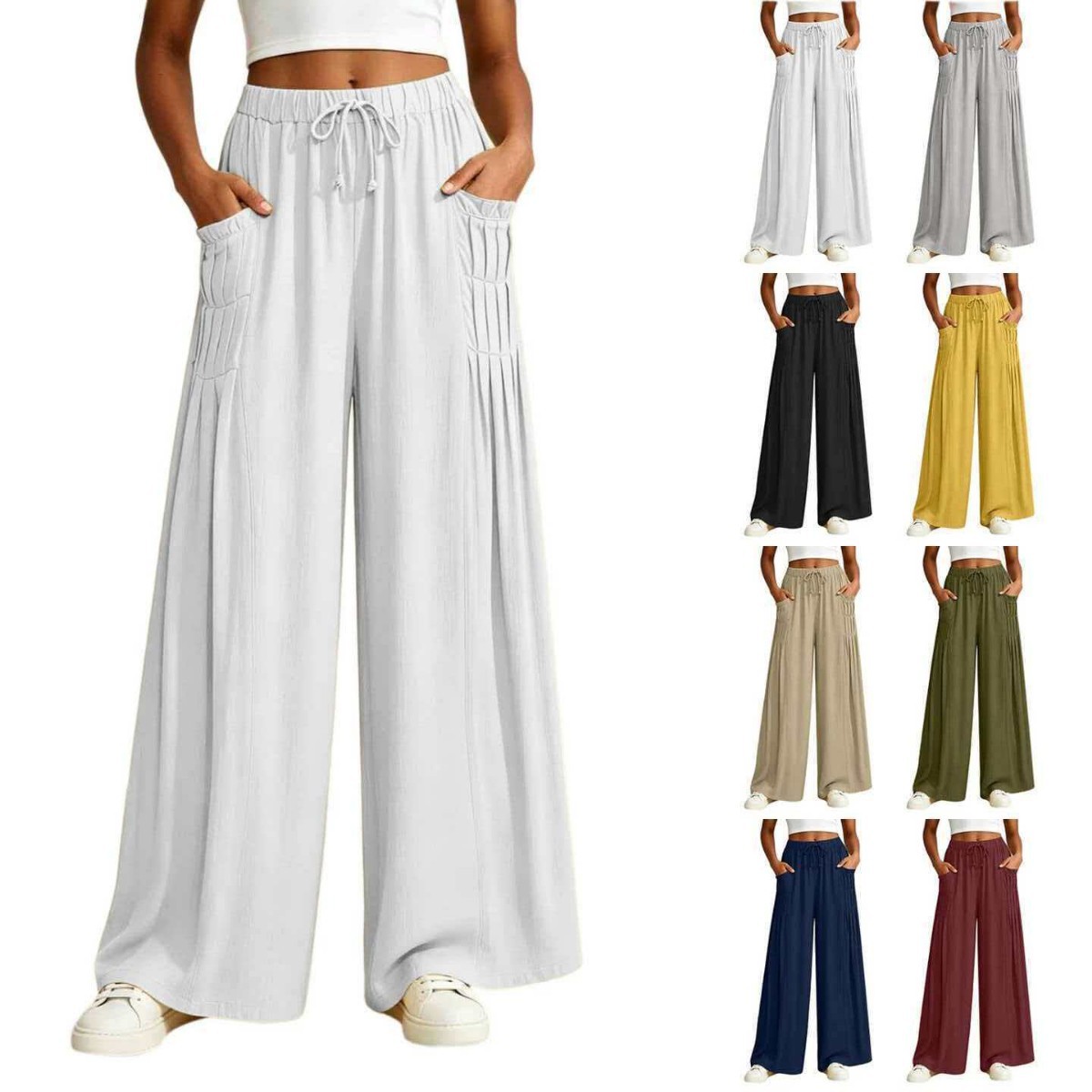 Women's Cotton-Linen Wide-Leg Pants High Waist Pleated Pockets