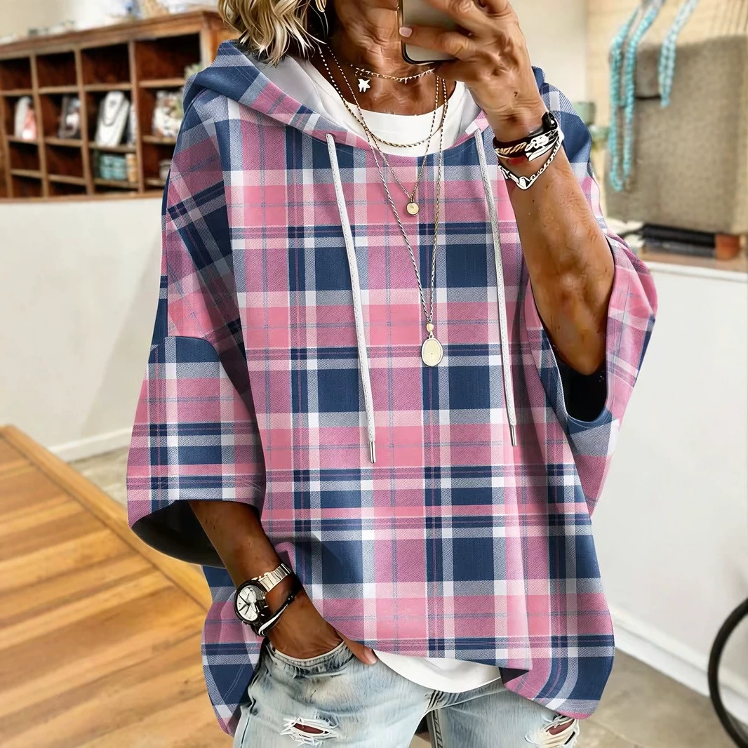 Women's Plaid Colorblock Print Casual Hoodie
