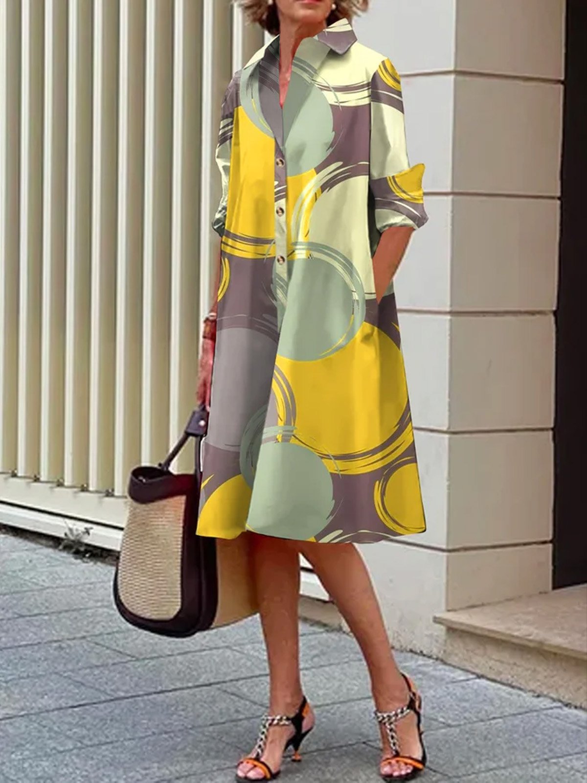 Geometric Print Midi Dress Long Sleeve Polo Collar A-Line Tie-Waist