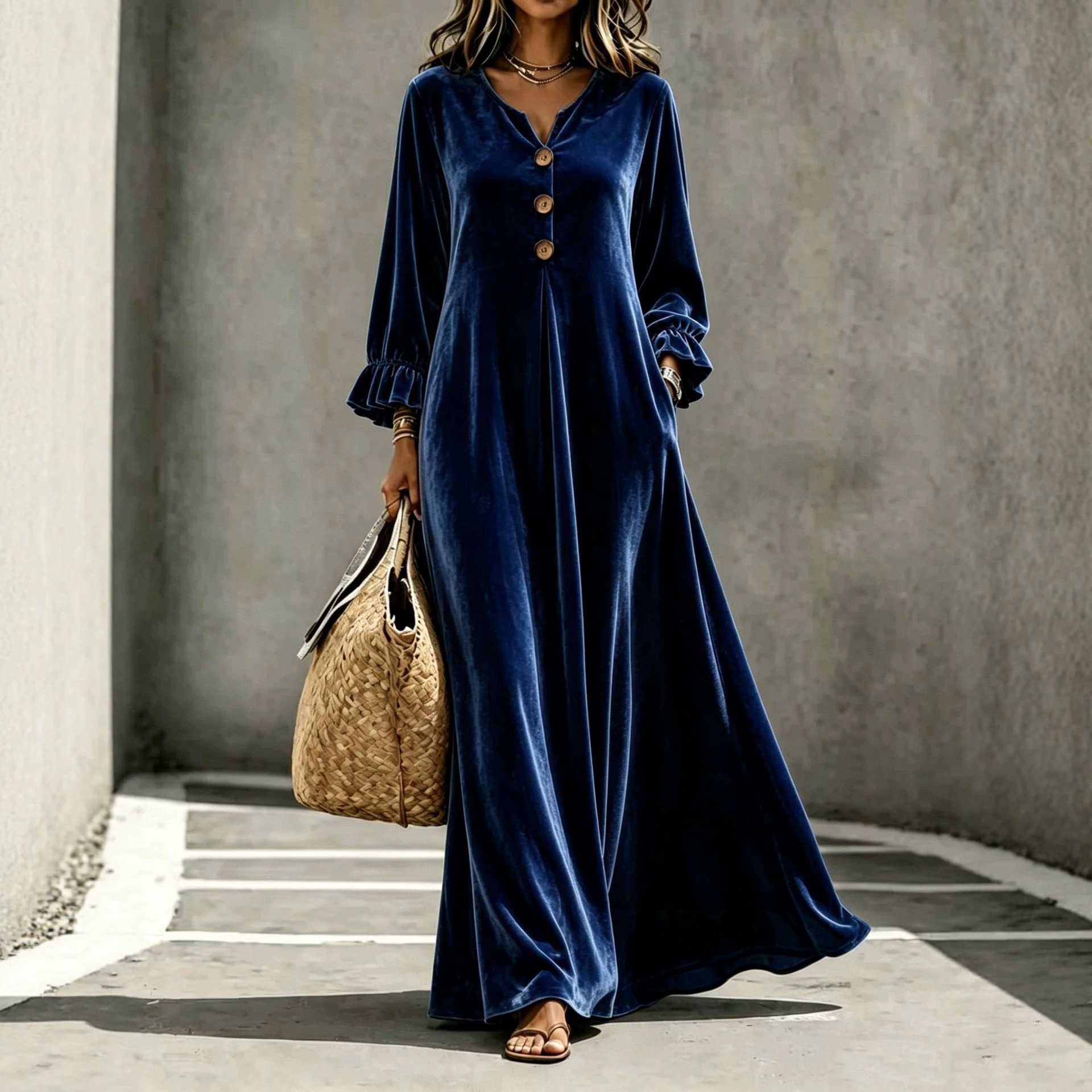 Velvet V-Neck Ruffle-Sleeve Long A-Line Dress