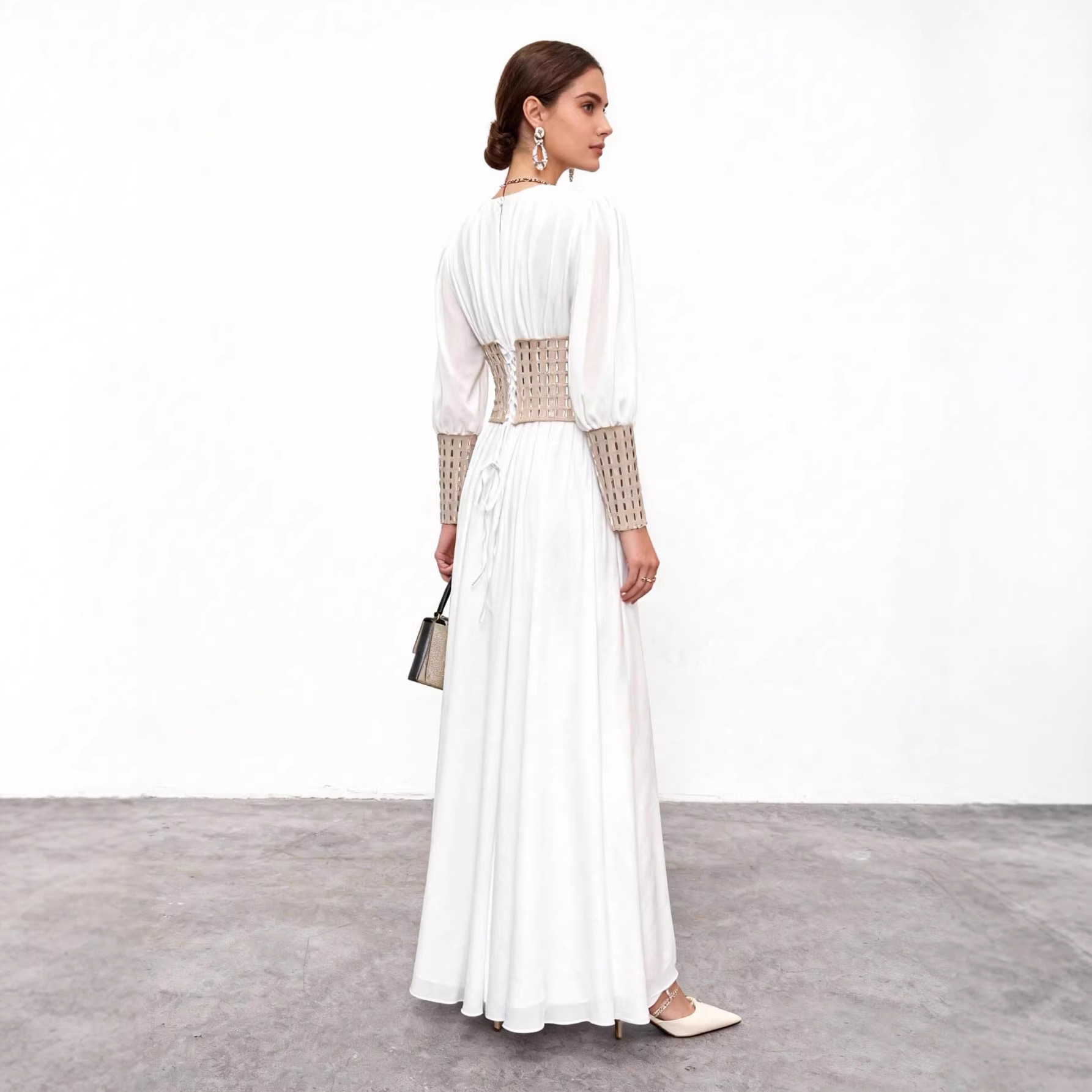 Rhinestone Mesh Loose-Fit Midi Dress with Deep V-Neck