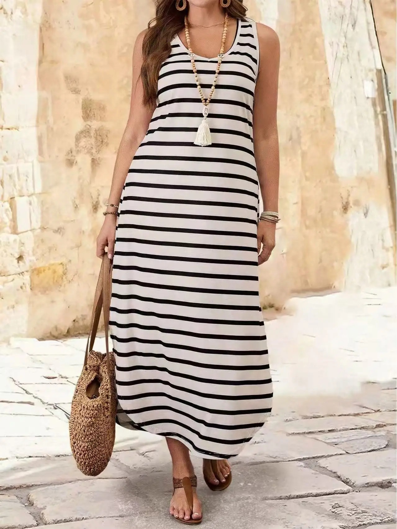 Striped Sleeveless Midi Dress Casual Beach Sundress
