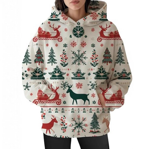 Women's Christmas Print Hoodie with Lantern Leaf Motif