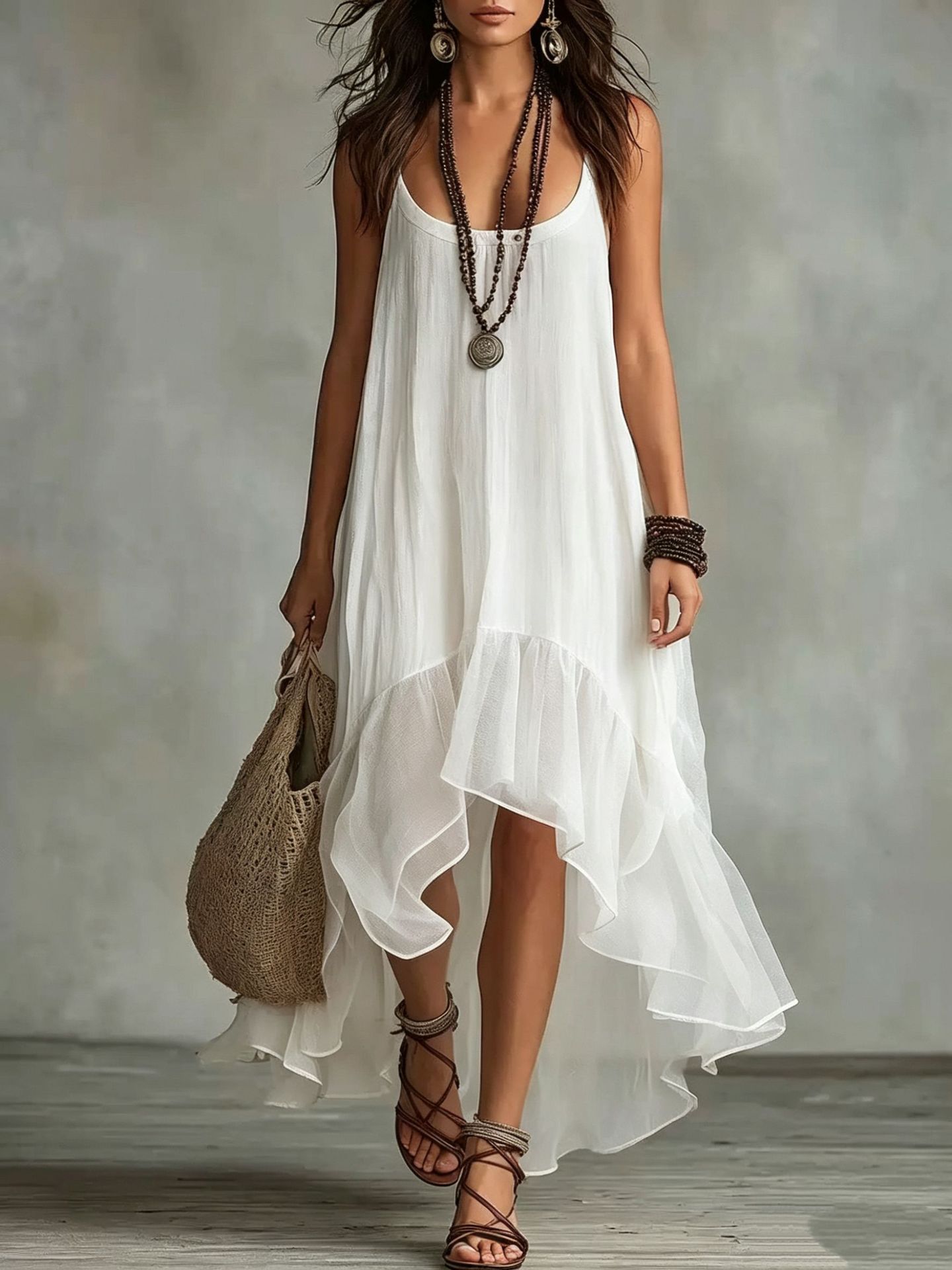 Boho Sleeveless U-Neck Midi Dress Solid Color Relaxed Fit