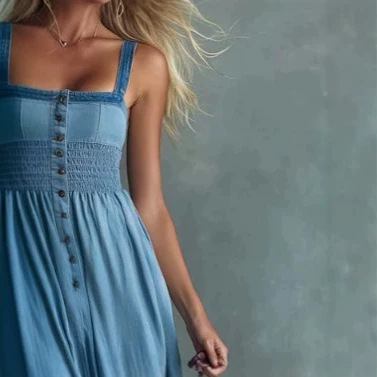 Denim Maxi Dress with Sheer Organza Hem