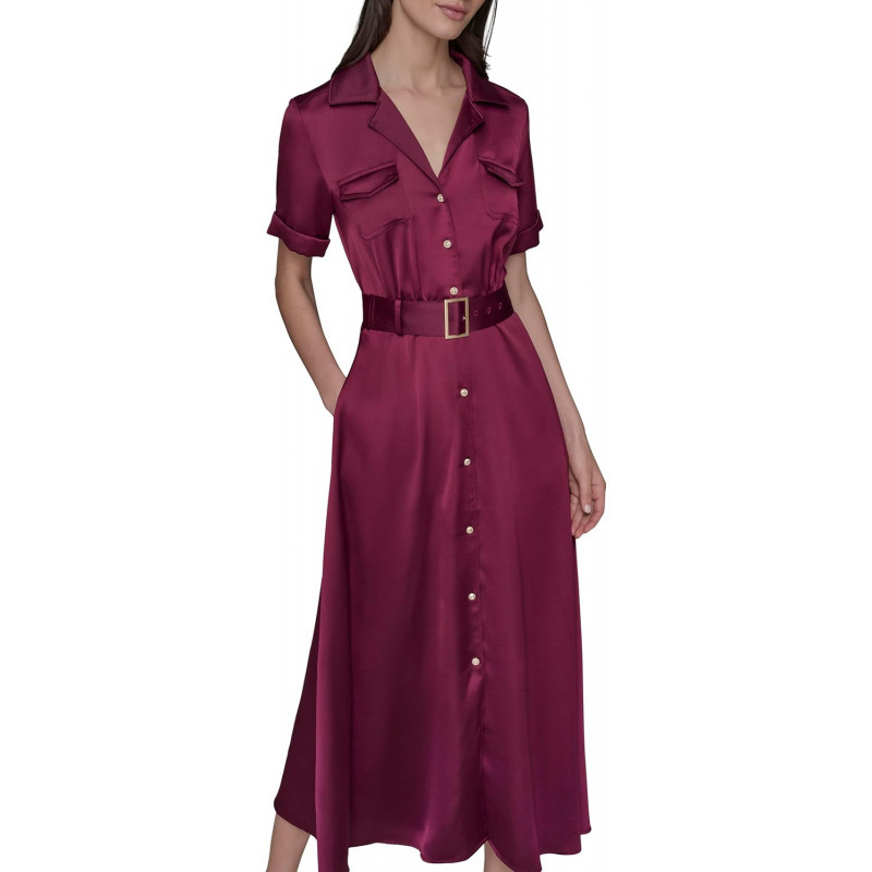 Polo Collar Short Sleeve Button Front Midi Dress