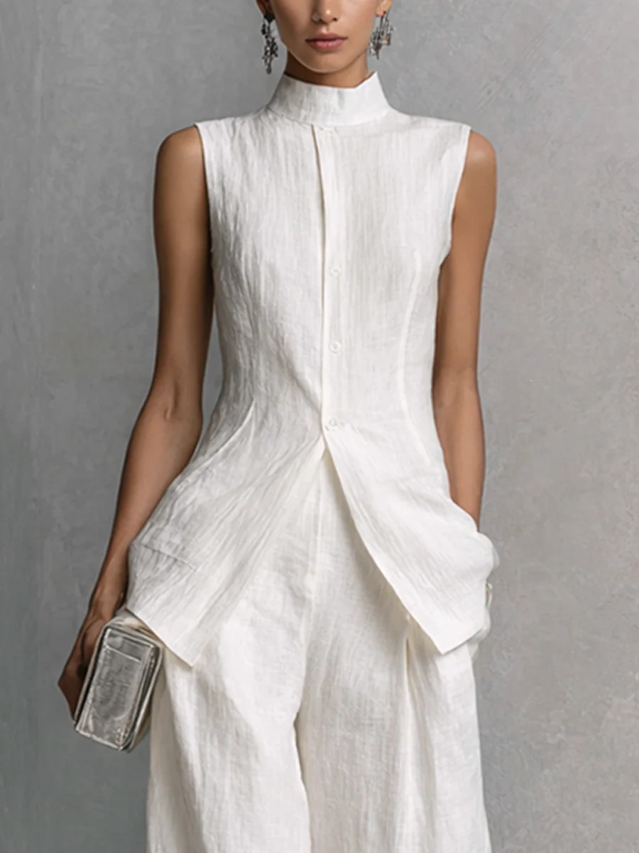 Sleeveless Cotton-Linen Shirt and Pants Set