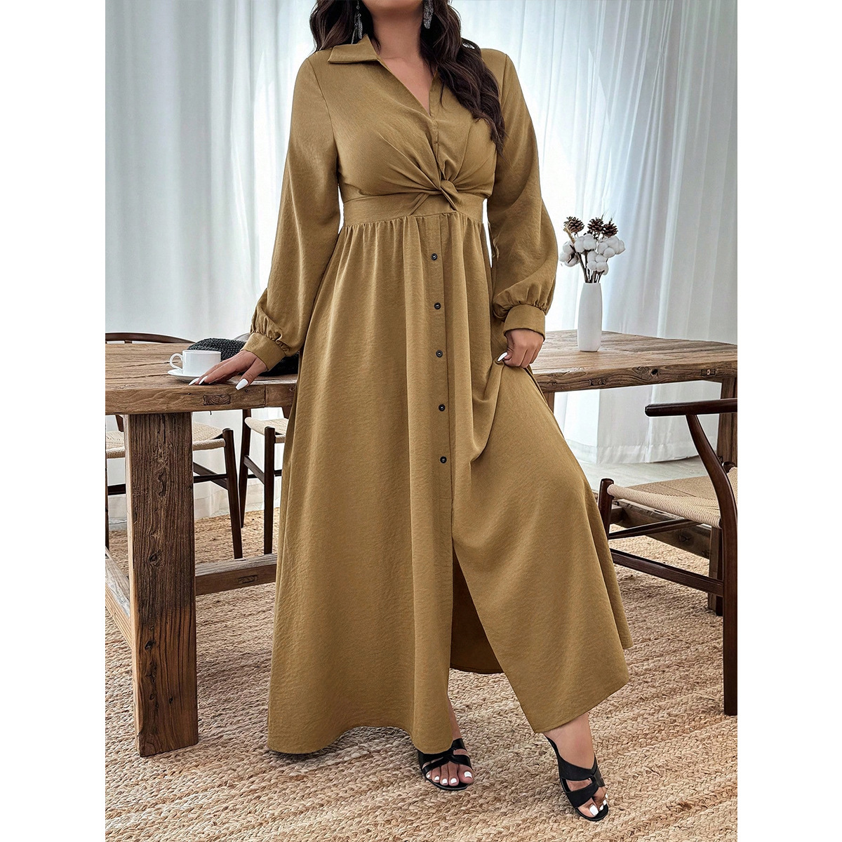 V-Neck Twist High-Waist Long Shirt Dress with Lantern Sleeves