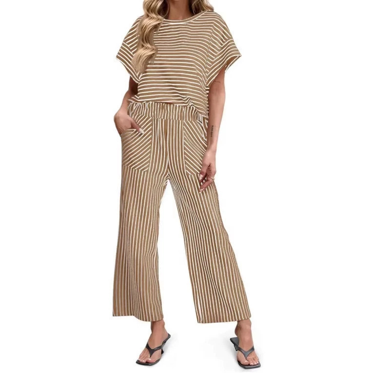 Women's Striped Two-Piece Set Short-Sleeve T-Shirt & Wide-Leg Pants with Pockets
