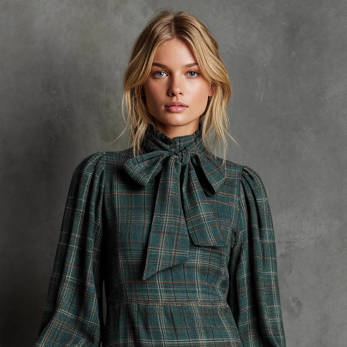 Women's Retro Plaid Long-Sleeve Short Dress