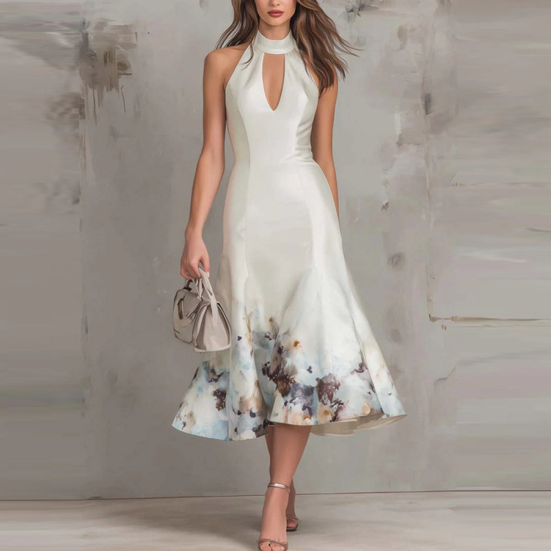 Elegant V-Neck Sleeveless Floral Print A-Line Midi Dress