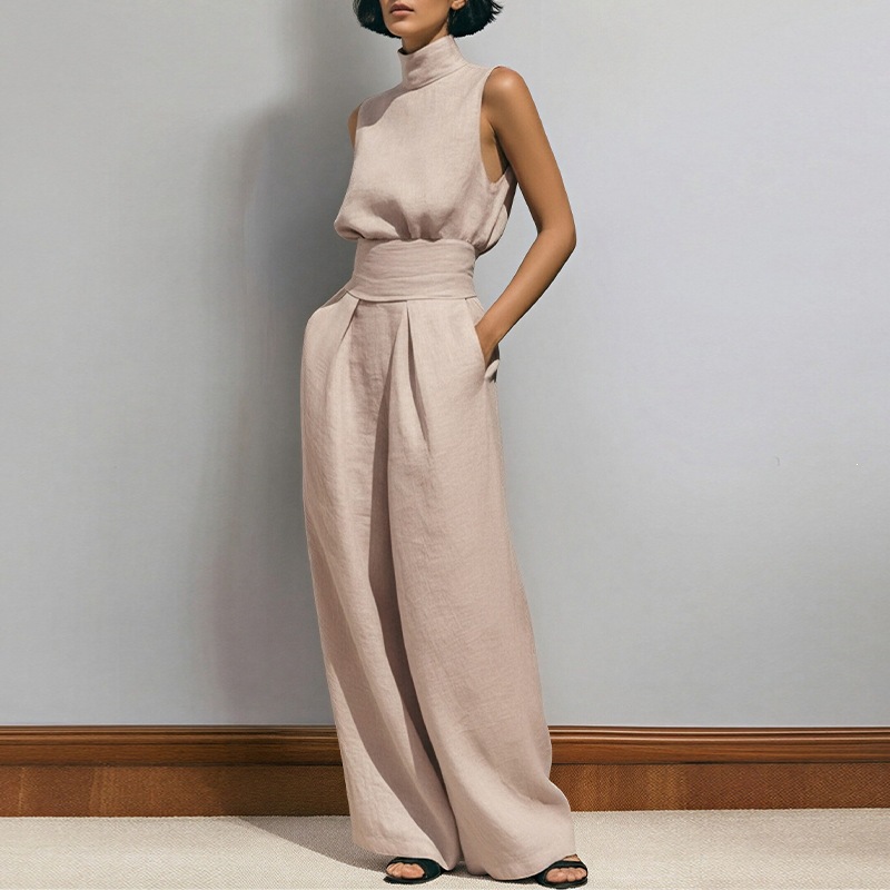 Women's Sleeveless High Neck Top and Straight Leg Pants Casual Set